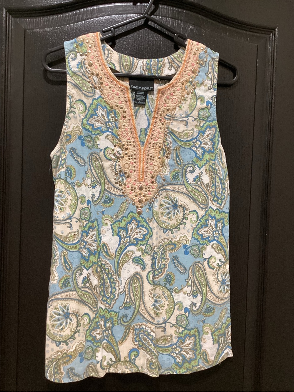 Cynthia Rowley Blue Paisley Sleeveless Top with Embroidered Neckline